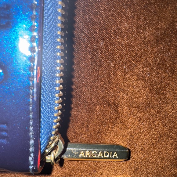 ARCADIA PATENT LEATHER LARGE SATCHEL HANDBAG PURSE - Navy/Tan Trim - Picture 15 of 16